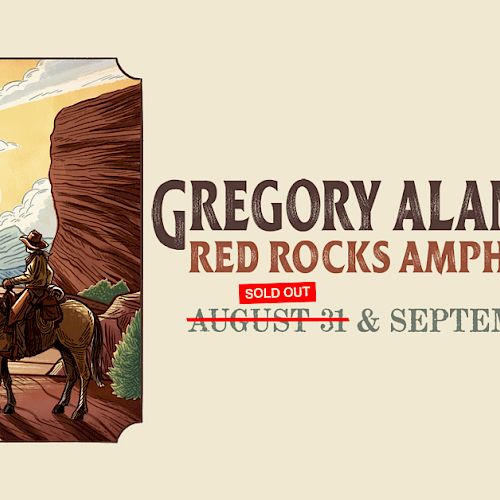 Concert poster for Gregory Alan Isakov at Red Rocks Amphitheatre, September 1, 2025, featuring cowboy art and "Sold Out" notice.