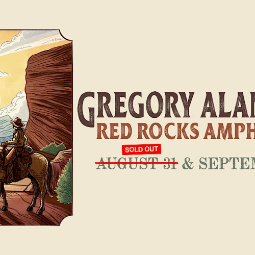 Concert poster for Gregory Alan Isakov at Red Rocks Amphitheatre, September 1, 2025, featuring cowboy art and "Sold Out" notice.