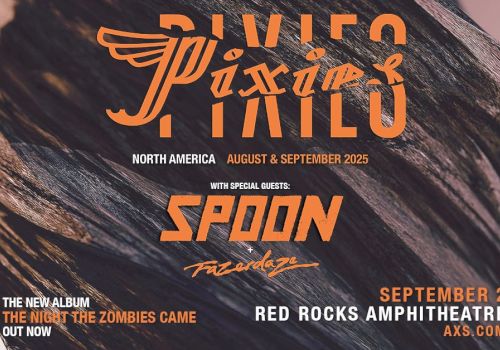 Concert poster for Pixies with special guests Spoon and Franz Ferdinand. Event on September 2 at Red Rocks Amphitheatre.