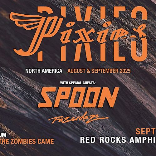 Concert poster for Pixies with special guests Spoon and Franz Ferdinand. Event on September 2 at Red Rocks Amphitheatre.