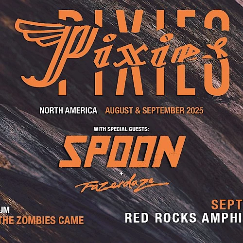 Concert poster for Pixies with special guests Spoon and Franz Ferdinand. Event on September 2 at Red Rocks Amphitheatre.