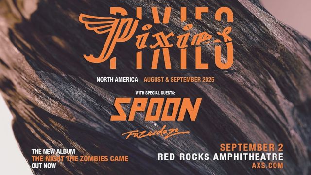 Concert poster for Pixies with special guests Spoon and Franz Ferdinand. Event on September 2 at Red Rocks Amphitheatre.