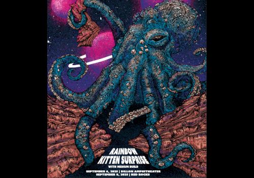 The image shows a fantastical octopus on a cosmic background, promoting a "Rainbow Kitten Surprise" event at Red Rocks Amphitheatre.