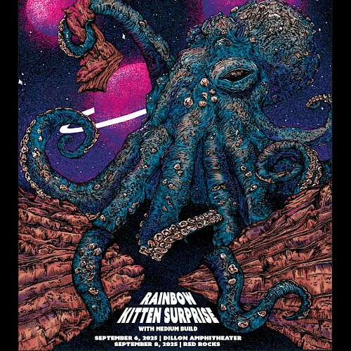 The image shows a fantastical octopus on a cosmic background, promoting a "Rainbow Kitten Surprise" event at Red Rocks Amphitheatre.