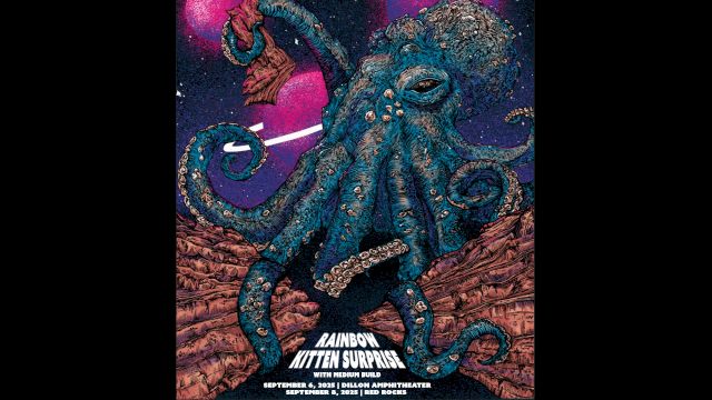 The image shows a fantastical octopus on a cosmic background, promoting a "Rainbow Kitten Surprise" event at Red Rocks Amphitheatre.