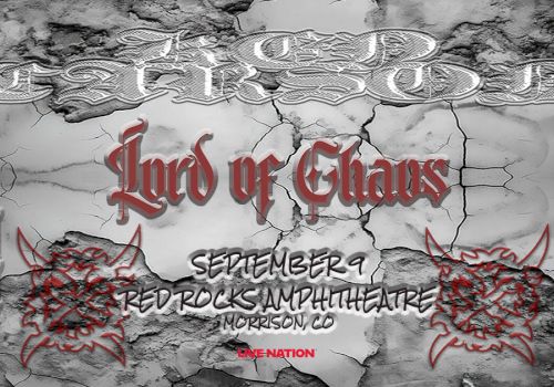 Concert poster for "Lord of Chaos" on September 9 at Red Rocks Amphitheatre, Morrison, CO. Grunge style with red and black text.