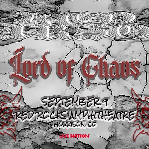Concert poster for "Lord of Chaos" on September 9 at Red Rocks Amphitheatre, Morrison, CO. Grunge style with red and black text.