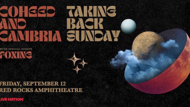 Concert poster featuring Coheed and Cambria, Taking Back Sunday, special guests Foxing at Red Rocks Amphitheatre on Friday, September 12.