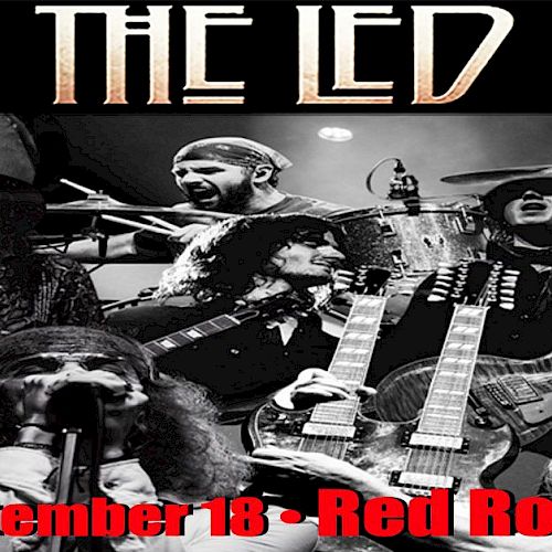 Concert poster for "Get The Led Out" at Red Rocks, scheduled for September 18, featuring band images in black and white.