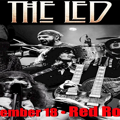 Concert poster for "Get The Led Out" at Red Rocks, scheduled for September 18, featuring band images in black and white.