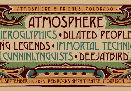 Concert poster for Atmosphere & Friends at Red Rocks Amphitheatre, featuring Hieroglyphics, Dilated Peoples, and others on Sept 19, 2025.