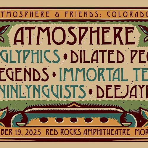 Concert poster for Atmosphere & Friends at Red Rocks Amphitheatre, featuring Hieroglyphics, Dilated Peoples, and others on Sept 19, 2025.