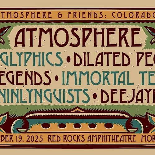 Concert poster for Atmosphere & Friends at Red Rocks Amphitheatre, featuring Hieroglyphics, Dilated Peoples, and others on Sept 19, 2025.