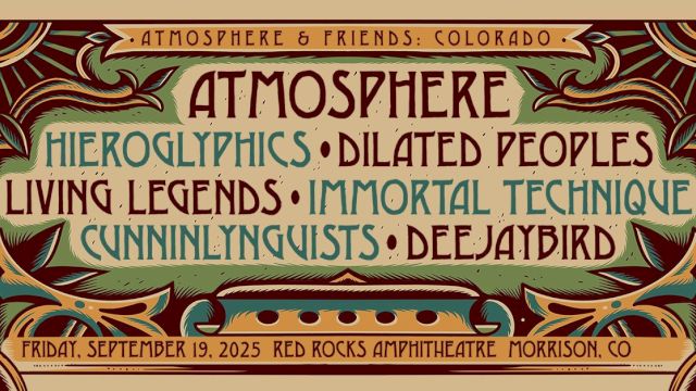 Concert poster for Atmosphere & Friends at Red Rocks Amphitheatre, featuring Hieroglyphics, Dilated Peoples, and others on Sept 19, 2025.