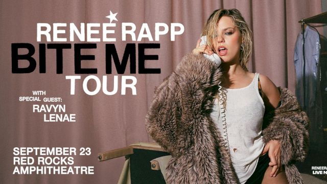 Promotional image for "Renee Rapp Bite Me Tour" with Ravyn Lenae, at Red Rocks Amphitheatre on September 23.