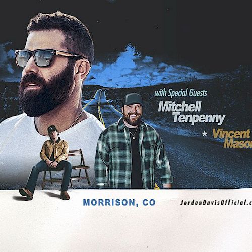 Promotional image for Jordan Davis' "Ain't Enough Road Tour" at Red Rocks Amphitheatre on September 24, featuring special guests.