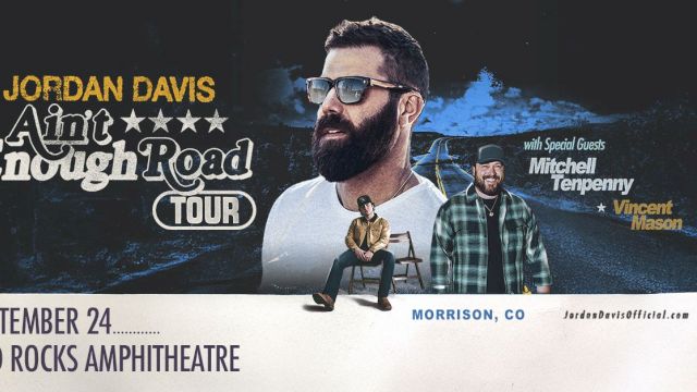 Promotional image for Jordan Davis' "Ain't Enough Road Tour" at Red Rocks Amphitheatre on September 24, featuring special guests.