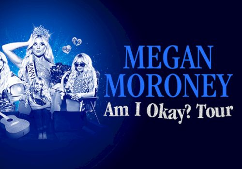 Promotional image for Megan Moroney's "Am I Okay? Tour," featuring various poses and music-related elements.