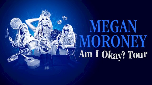 Promotional image for Megan Moroney's "Am I Okay? Tour," featuring various poses and music-related elements.