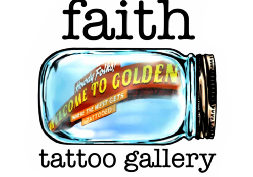 The image features the text "faith tattoo gallery" with a jar containing a sign that reads "Welcome to Golden" reflected inside it.