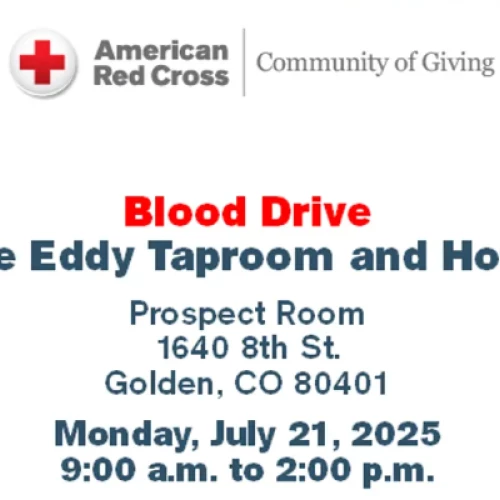 Blood drive at The Eddy Taproom and Hotel, Golden, CO, on July 21, 2025, from 9 a.m. to 2 p.m. by American Red Cross.