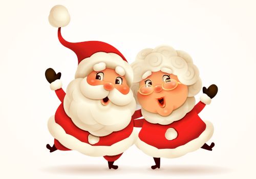 Two cartoon characters dressed in festive red and white outfits, resembling Santa and Mrs. Claus, cheerfully pose together.