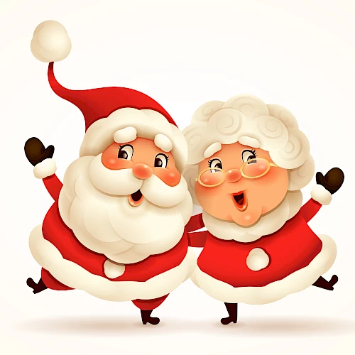 Two cartoon characters dressed in festive red and white outfits, resembling Santa and Mrs. Claus, cheerfully pose together.