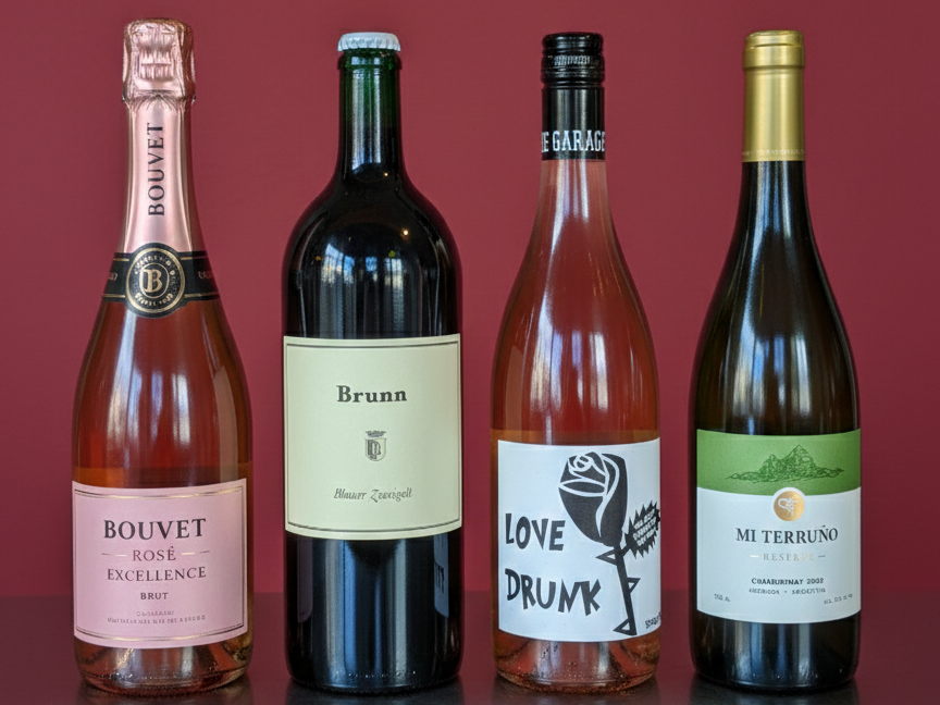 A row of four bottles: pink sparkling Bouvet Ros&eacute;, a dark bottle with Bruno label, a pink Love Drunk wine, and a Me Terrible white bottle, on a reflective surface.
