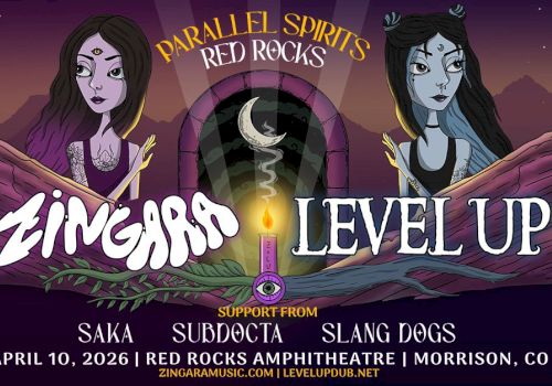 A concert poster for &ldquo;Zingarum&rdquo; with two illustrated twin figures, a crescent candle, and the title &ldquo;ZINGAR... LEVEL UP&rdquo; at Red Rocks, Apr 10, 2026, with support acts.