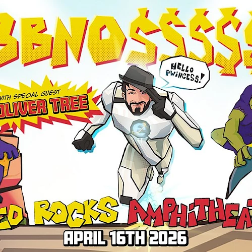 Cartoon rock concert poster with bold yellow title &ldquo;BENOSSSSSS&rdquo; and heroes in action; April 16th 2026 at Red Rocks Amphitheatre, special guests.
