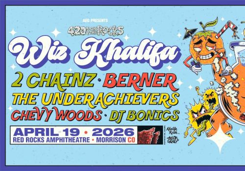 A colorful concert flyer for Wiz Khalifa with a cartoon dog DJ, listing performers and the date April 19, 2016 at Red Rocks Amphitheatre in Morrison, CO.