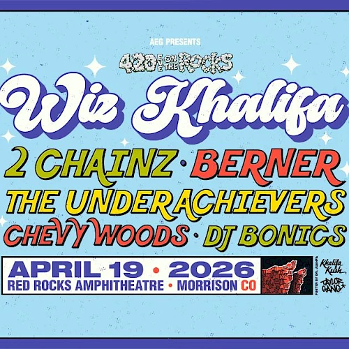 A colorful concert flyer for Wiz Khalifa with a cartoon dog DJ, listing performers and the date April 19, 2016 at Red Rocks Amphitheatre in Morrison, CO.