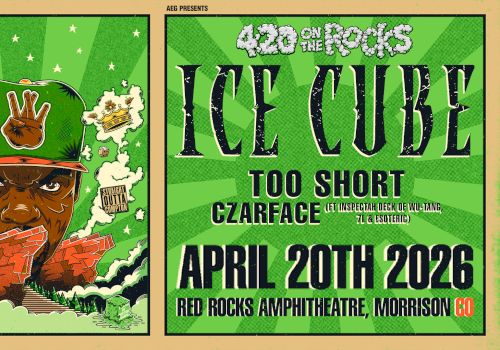 Ice Cube concert poster, featuring Ice Cube with green art and a show on April 20th, 2026 at Red Rocks Amphitheatre.