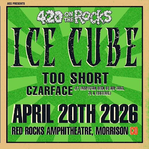 Ice Cube concert poster, featuring Ice Cube with green art and a show on April 20th, 2026 at Red Rocks Amphitheatre.