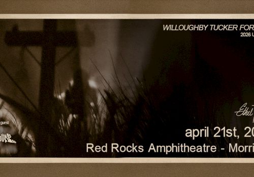 A dark concert flyer for Willloughby Tucker Forever tour, showing a silhouette on stage, with event details: April 21st, 2026 at Red Rocks Amphitheatre &ndash; Morrison.