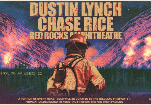 A firefighter in gear faces a blazing mountain backdrop; vintage poster for a Dustin Lynch event, with bold orange text and logos at the bottom.
