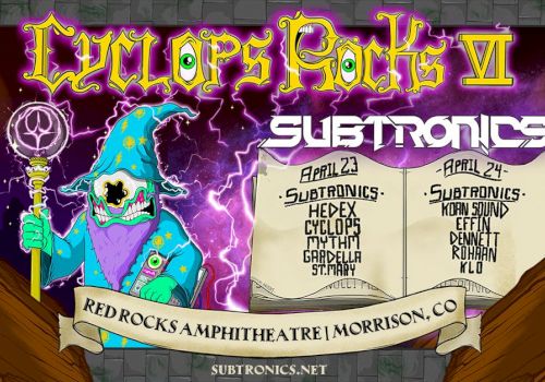 A fantasy poster for Subtronics, a skeleton wizard holds a staff, purple lightning, and a banner, with &ldquo;Red Rocks Amphitheatre Morrison CO&rdquo; and event dates.