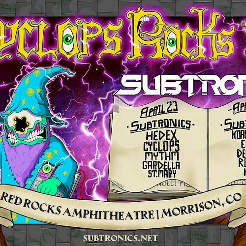 A fantasy poster for Subtronics, a skeleton wizard holds a staff, purple lightning, and a banner, with &ldquo;Red Rocks Amphitheatre Morrison CO&rdquo; and event dates.