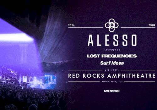 A concert poster and stage scene: purple-lit arena with a large stage, crowd, and the text &ldquo;ALesso&rdquo; and &ldquo;Red Rocks Amphitheatre,&rdquo; plus tour details.