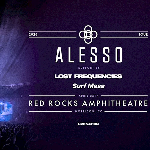 A concert poster and stage scene: purple-lit arena with a large stage, crowd, and the text &ldquo;ALesso&rdquo; and &ldquo;Red Rocks Amphitheatre,&rdquo; plus tour details.