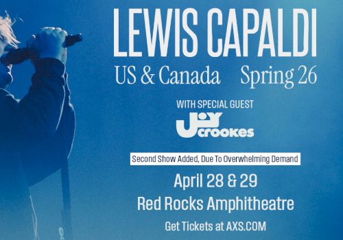 A blue concert poster for Lewis Capaldi with US & Canada Spring 26 tour, showing him singing, with Joy Crookes as guest, dates and venue details, ending with a period.