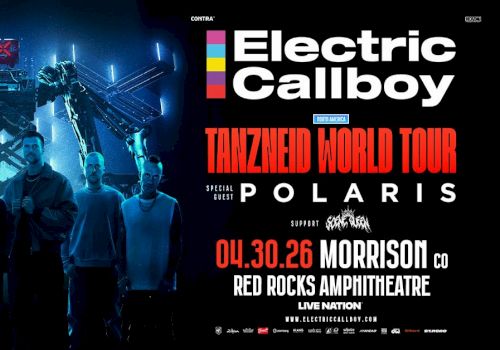 A bold concert poster featuring Electric Callboy with a city-lit, robotic backdrop, listing TanzNzeit World Tour, Polaris, and a Red Rocks show.