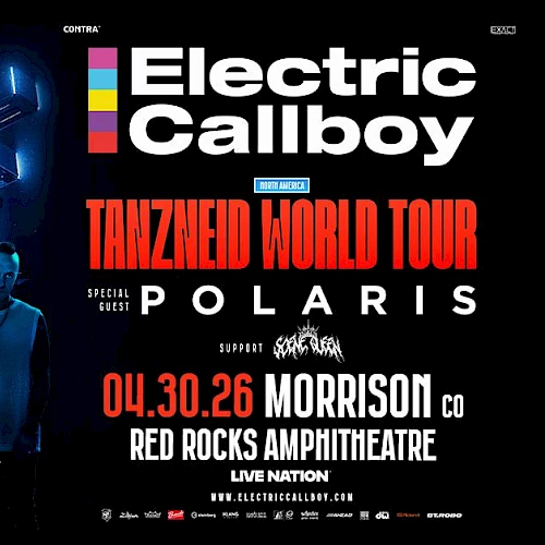 A bold concert poster featuring Electric Callboy with a city-lit, robotic backdrop, listing TanzNzeit World Tour, Polaris, and a Red Rocks show.