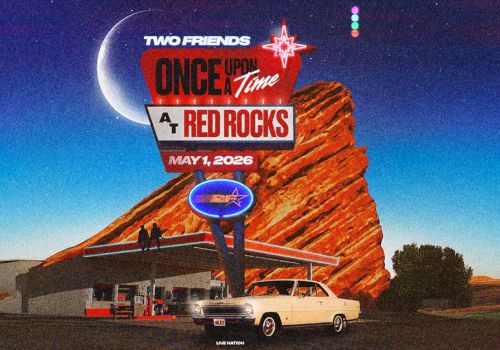 A vintage gas station at Red Rocks with a retro &ldquo;Two Friends Once Upon a Time&rdquo; sign, a white car, and bold cosmic artwork in the sky.