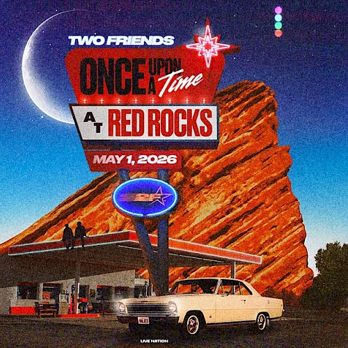 A vintage gas station at Red Rocks with a retro &ldquo;Two Friends Once Upon a Time&rdquo; sign, a white car, and bold cosmic artwork in the sky.