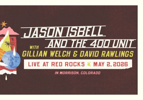 A retro concert poster for Jason Isbell and the 400 Unit, Gillian Welch & David Rawlings, live at Red Rocks on May 2, 2026 in Morrison, Colorado.