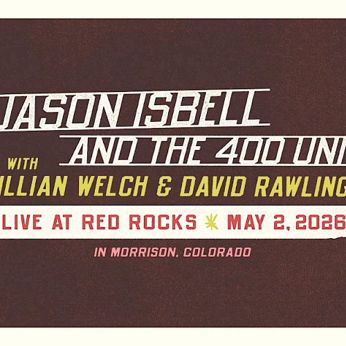 A retro concert poster for Jason Isbell and the 400 Unit, Gillian Welch & David Rawlings, live at Red Rocks on May 2, 2026 in Morrison, Colorado.
