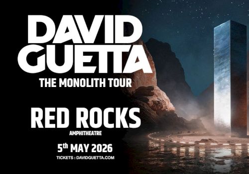 David Guetta &ldquo;The Monolith Tour&rdquo; concert poster featuring a tall glowing monolith in a rocky, moonlit landscape at Red Rocks Amphitheatre; 5 May 2026.