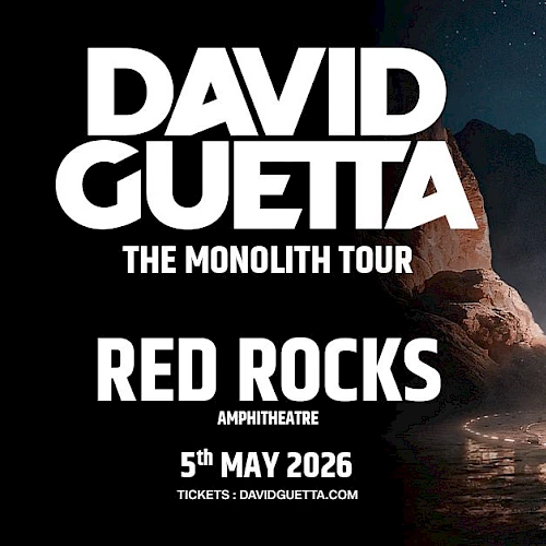 David Guetta &ldquo;The Monolith Tour&rdquo; concert poster featuring a tall glowing monolith in a rocky, moonlit landscape at Red Rocks Amphitheatre; 5 May 2026.