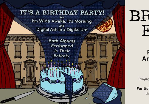 A birthday party poster on the left with a cake and stage curtains; a &ldquo;Bright Eyes&rdquo; concert flyer on the right listing Red Rocks Amphitheatre, May 6th, 2026, in Morrison, CO.
